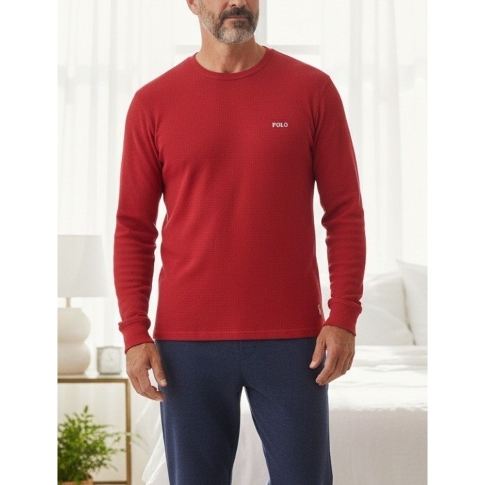 Polo‎ Ralph Lauren Mens L Red Waffle Knit Thermal Sleepwear Shirt Excellent